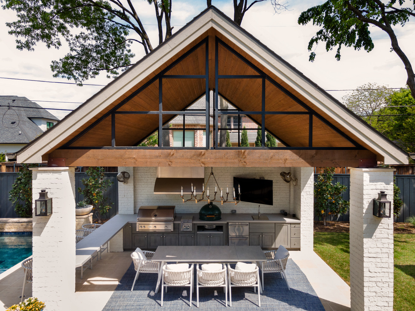 Outdoor living area with durable wooden roof