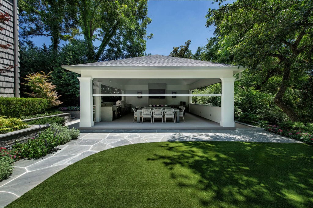 floating pavilion shade structure with outdoor kitchen, North Texas backyard